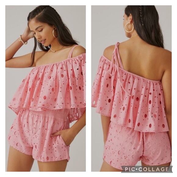 Anthropologie Pants - Anthropologie La Fuori Pink Eyelet Lace Romper One Shoulder Size Medium